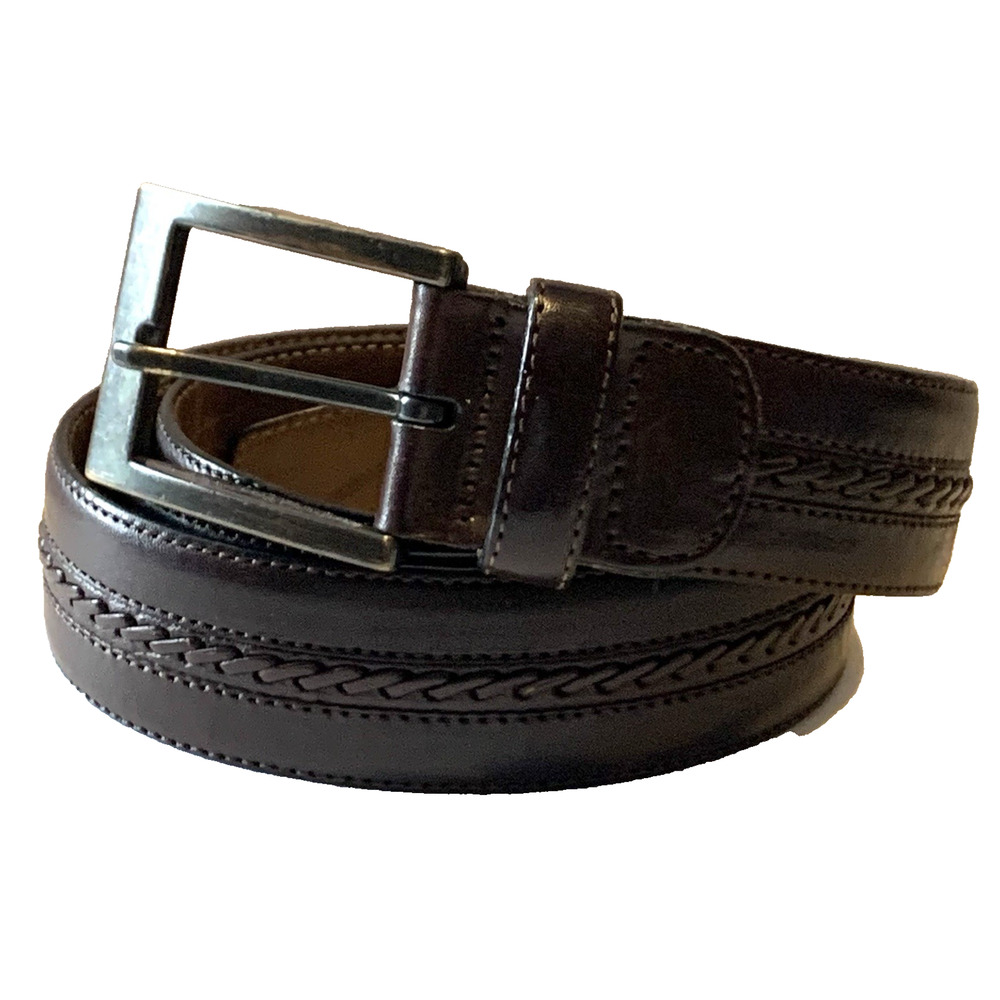 Mezlan Stitched Accent Black Leather Belt Gun Metal Buckle Mens M Made in Spain